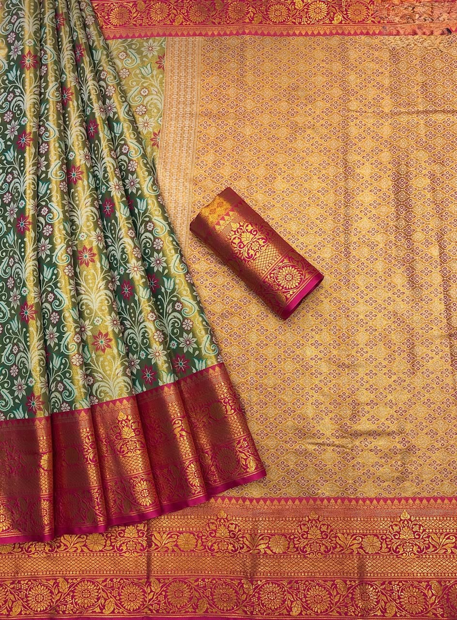 Golden Mustard Kanjivaram Zari Weaving Saree With Pink Contrast Border